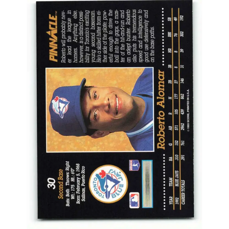 1993 Pinnacle #30 Roberto Alomar NM-MT Toronto Blue Jays Baseball Card - Baseball Card Single