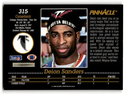 Original gloss Deion Sanders trading card from 1993 Pinnacle Simply Sandoval collection