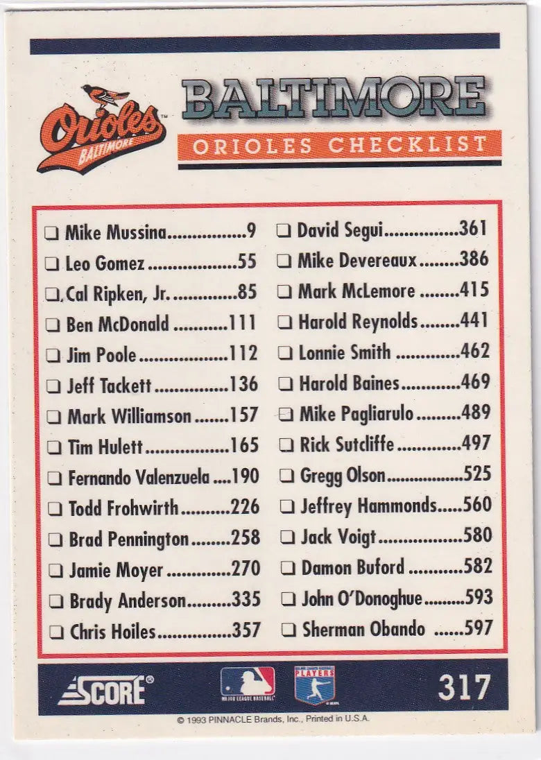 1993 PINNACLE #317 BALTIMORE CHECKLIST- BALTIMORE ORIOLES
