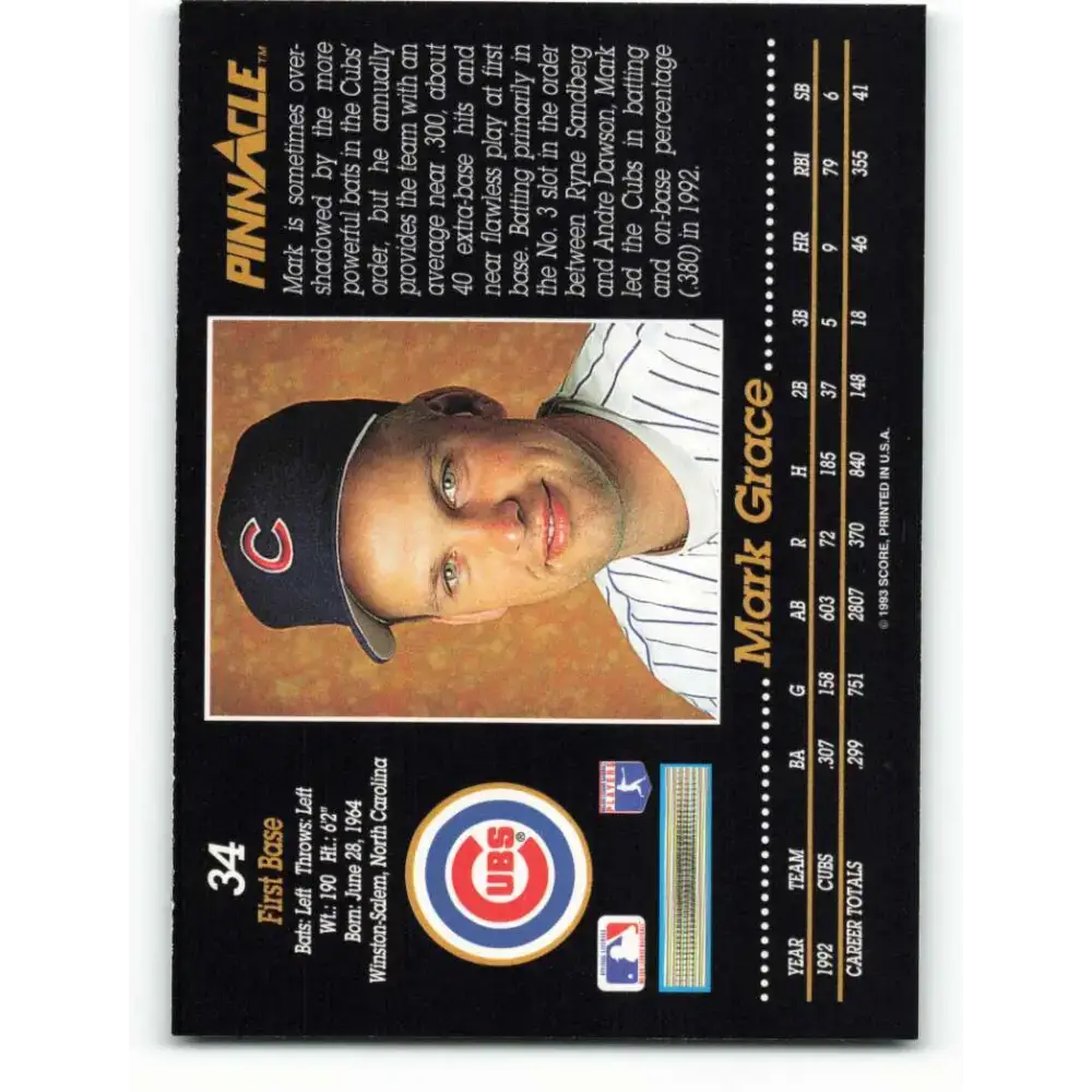 1993 Pinnacle #34 Mark Grace NM-MT Chicago Cubs Baseball Card - Baseball Card Single
