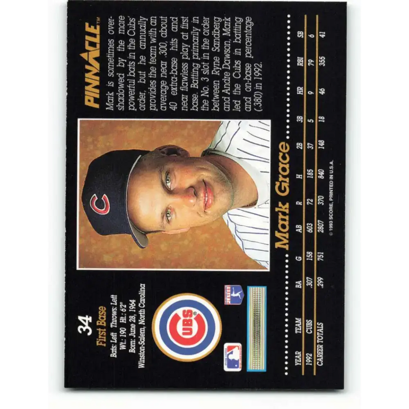 1993 Pinnacle #34 Mark Grace NM-MT Chicago Cubs Baseball Card - Baseball Card Single