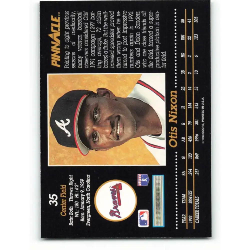 1993 Pinnacle #35 Otis Nixon NM-MT Atlanta Braves Baseball Card - Baseball Card Single