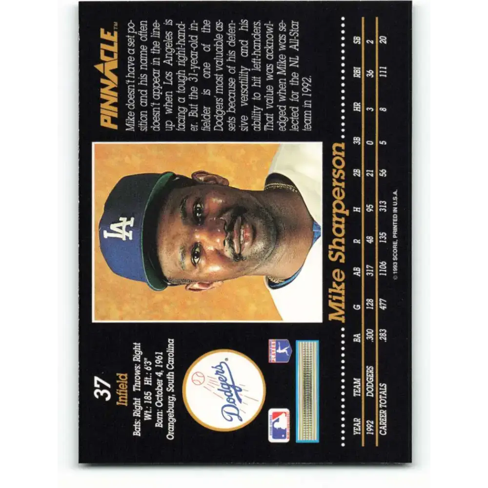 1993 Pinnacle #37 Mike Sharperson NM-MT Los Angeles Dodgers Baseball Card - Baseball Card Single