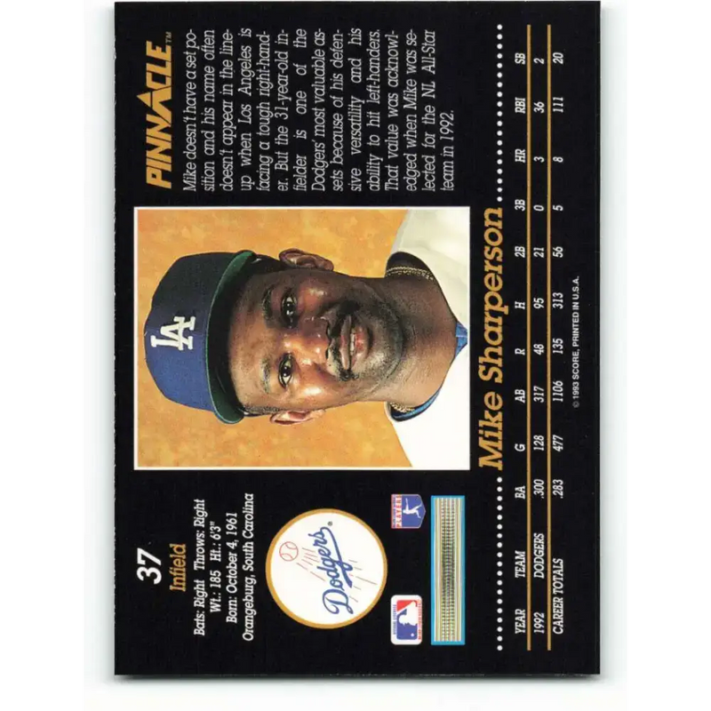 1993 Pinnacle #37 Mike Sharperson NM-MT Los Angeles Dodgers Baseball Card - Baseball Card Single