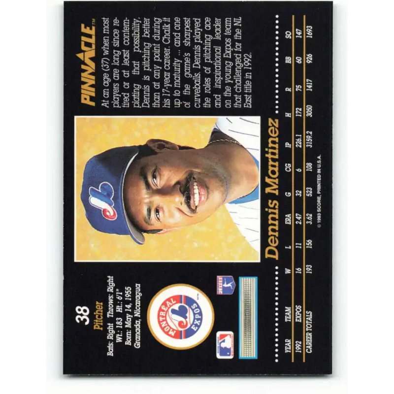 1993 Pinnacle #38 Dennis Martinez NM-MT Montreal Expos Baseball Card - Baseball Card Single