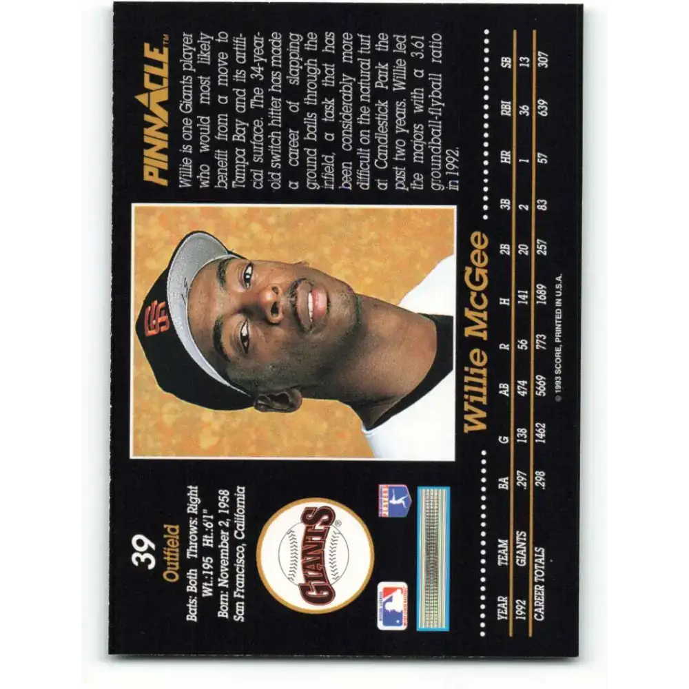 1993 Pinnacle #39 Willie McGee NM-MT San Francisco Giants Baseball Card - Baseball Card Single