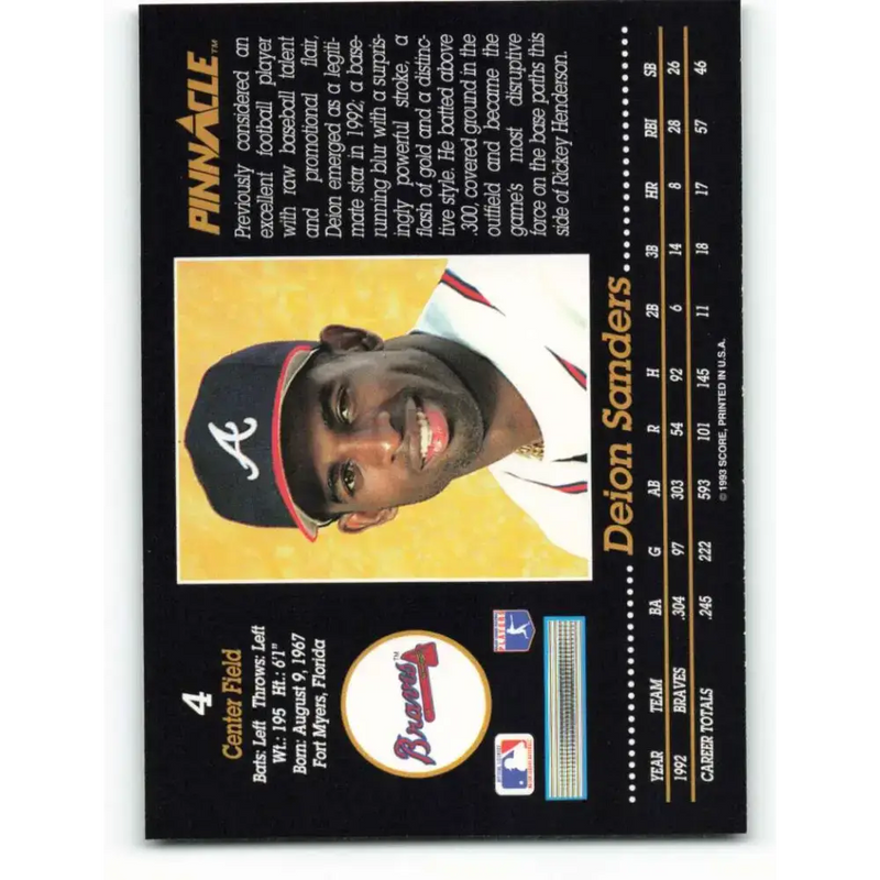1993 Pinnacle #4 Deion Sanders NM-MT Atlanta Braves Baseball Card - Baseball Card Single