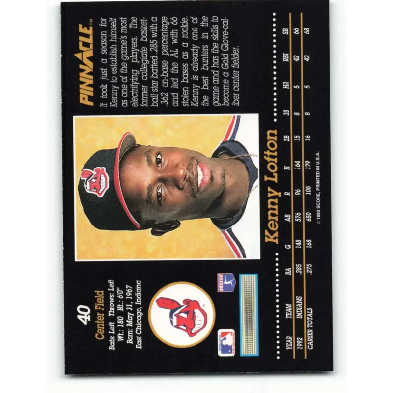 1993 Pinnacle #40 Kenny Lofton NM-MT Cleveland Indians Baseball Card - Baseball Card Single
