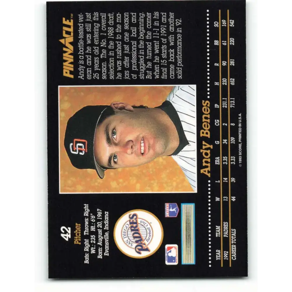 1993 Pinnacle #42 Andy Benes NM-MT San Diego Padres Baseball Card - Baseball Card Single