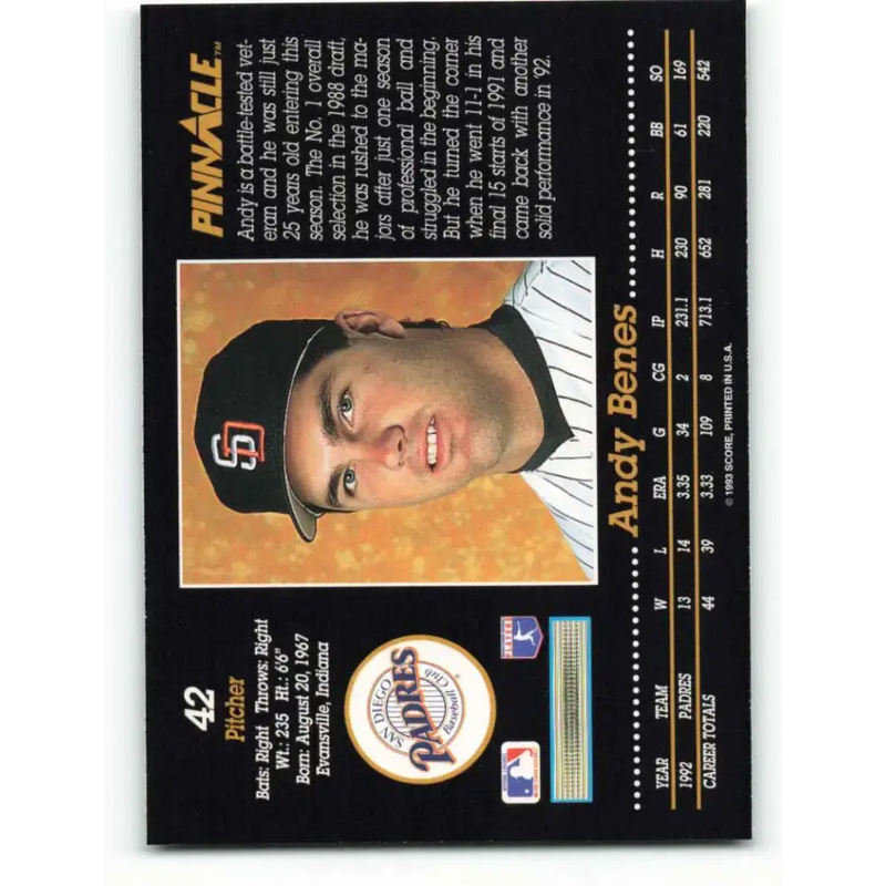 1993 Pinnacle #42 Andy Benes NM-MT San Diego Padres Baseball Card - Baseball Card Single