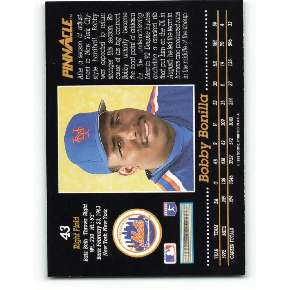 1993 Pinnacle #43 Bobby Bonilla NM-MT New York Mets Baseball Card - Baseball Card Single