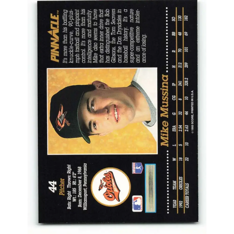 1993 Pinnacle #44 Mike Mussina NM-MT Baltimore Orioles Baseball Card - Baseball Card Single