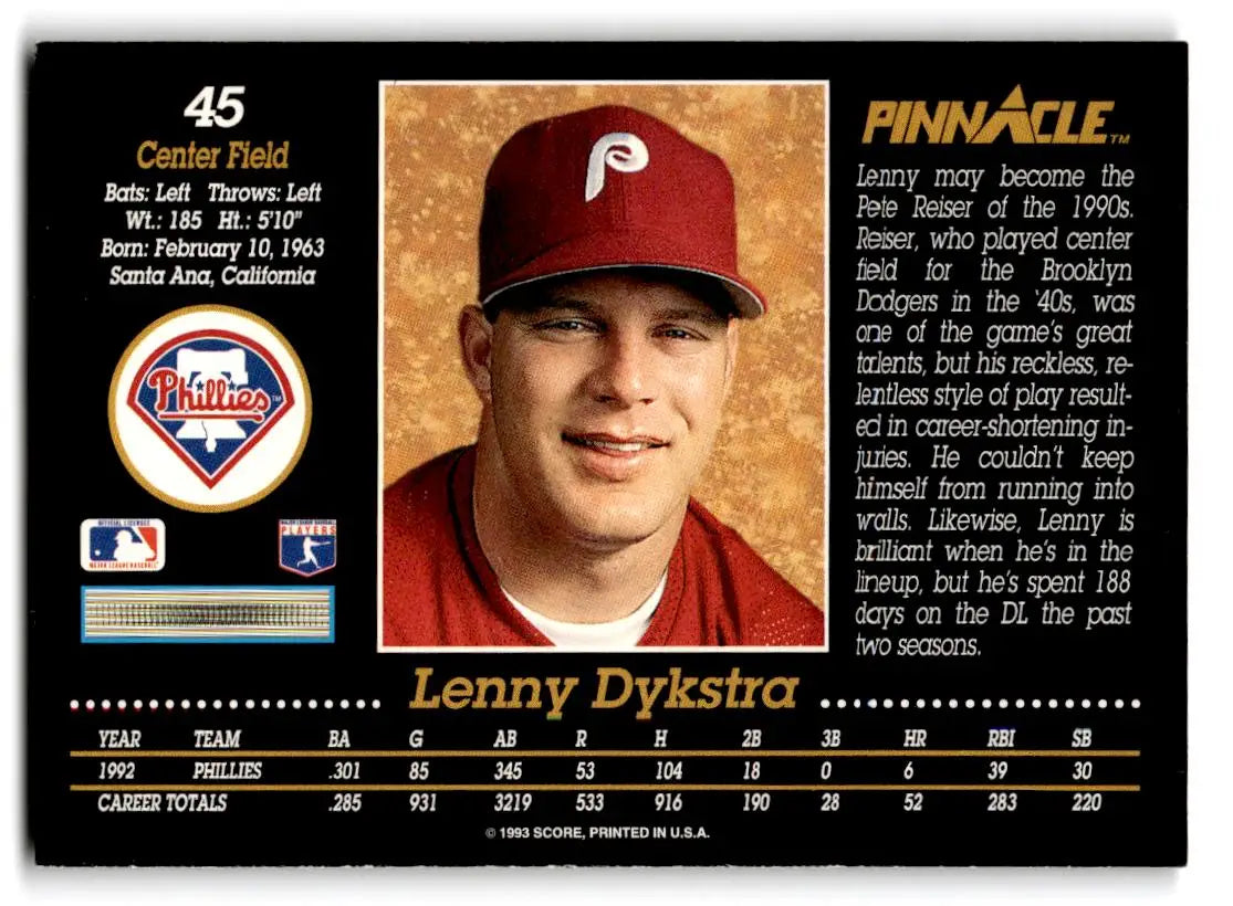 1993 Pinnacle #45 Lenny Dykstra - Baseball Card Single