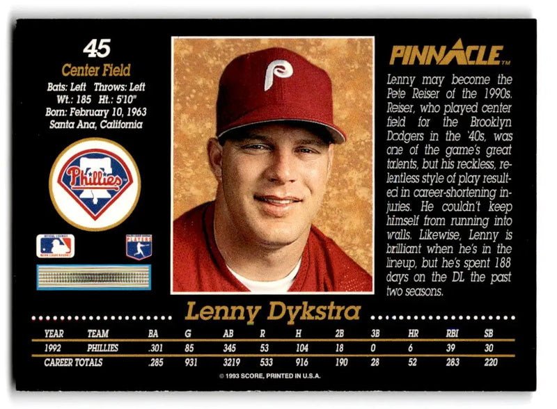 1993 Pinnacle #45 Lenny Dykstra - Baseball Card Single