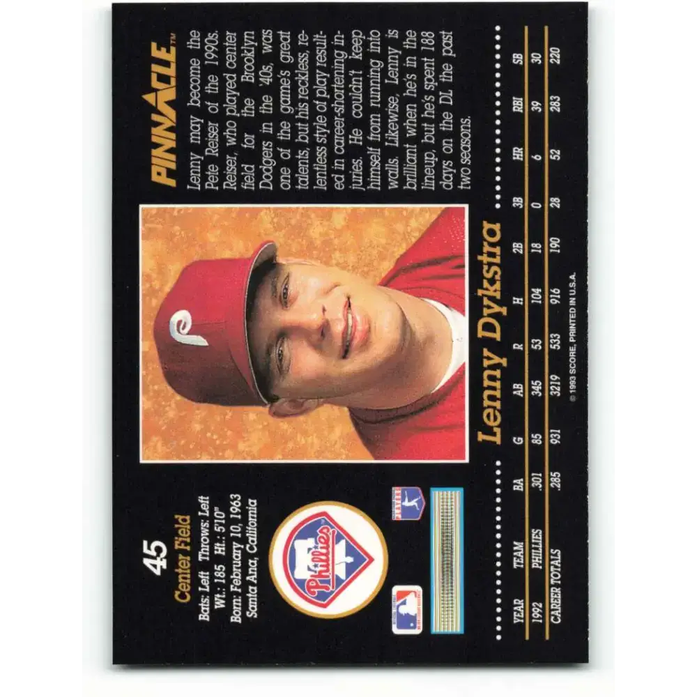 1993 Pinnacle #45 Lenny Dykstra NM-MT Philadelphia Phillies Baseball Card - Baseball Card Single