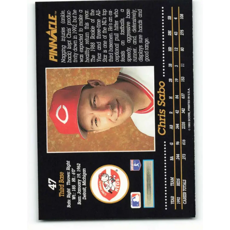 1993 Pinnacle #47 Chris Sabo NM-MT Cincinnati Reds Baseball Card - Baseball Card Single