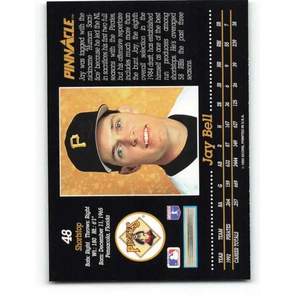 1993 Pinnacle #48 Jay Bell NM-MT Pittsburgh Pirates Baseball Card - Baseball Card Single