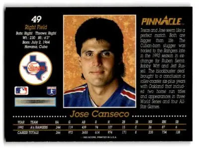 Collectible 1993 Pinnacle Jose Canseco baseball card featuring Jose Canseco