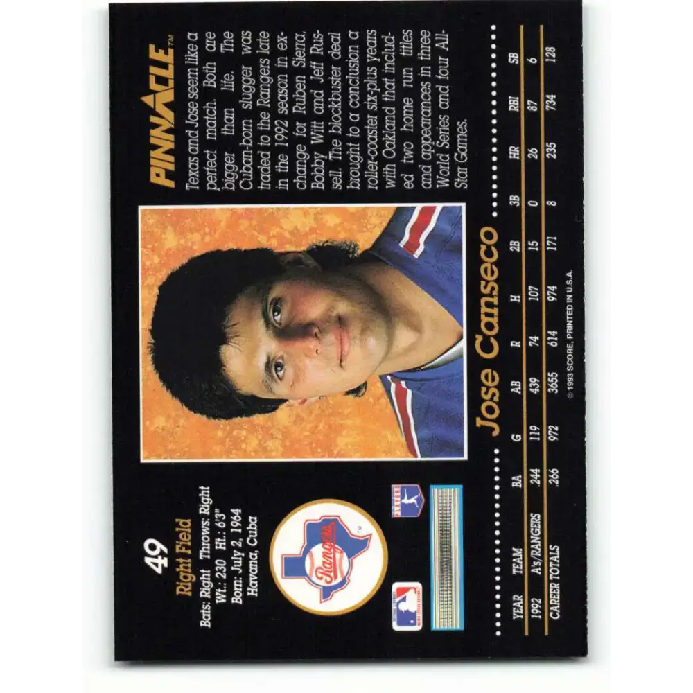 1993 Pinnacle #49 Jose Canseco NM-MT Texas Rangers Baseball Card - Baseball Card Single