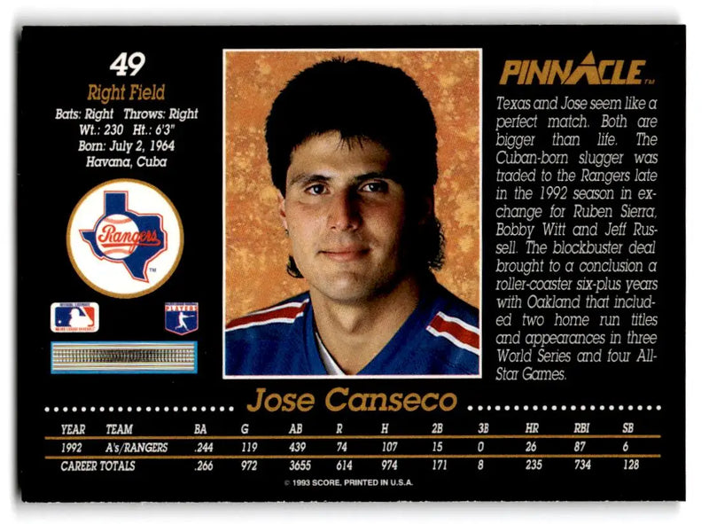 1993 Pinnacle #49 Jose Canseco - Baseball Card Single