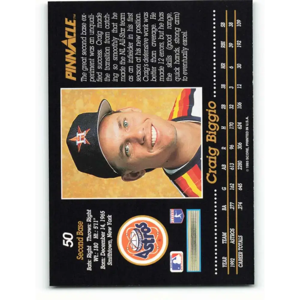 1993 Pinnacle #50 Craig Biggio NM-MT Houston Astros Baseball Card - Baseball Card Single