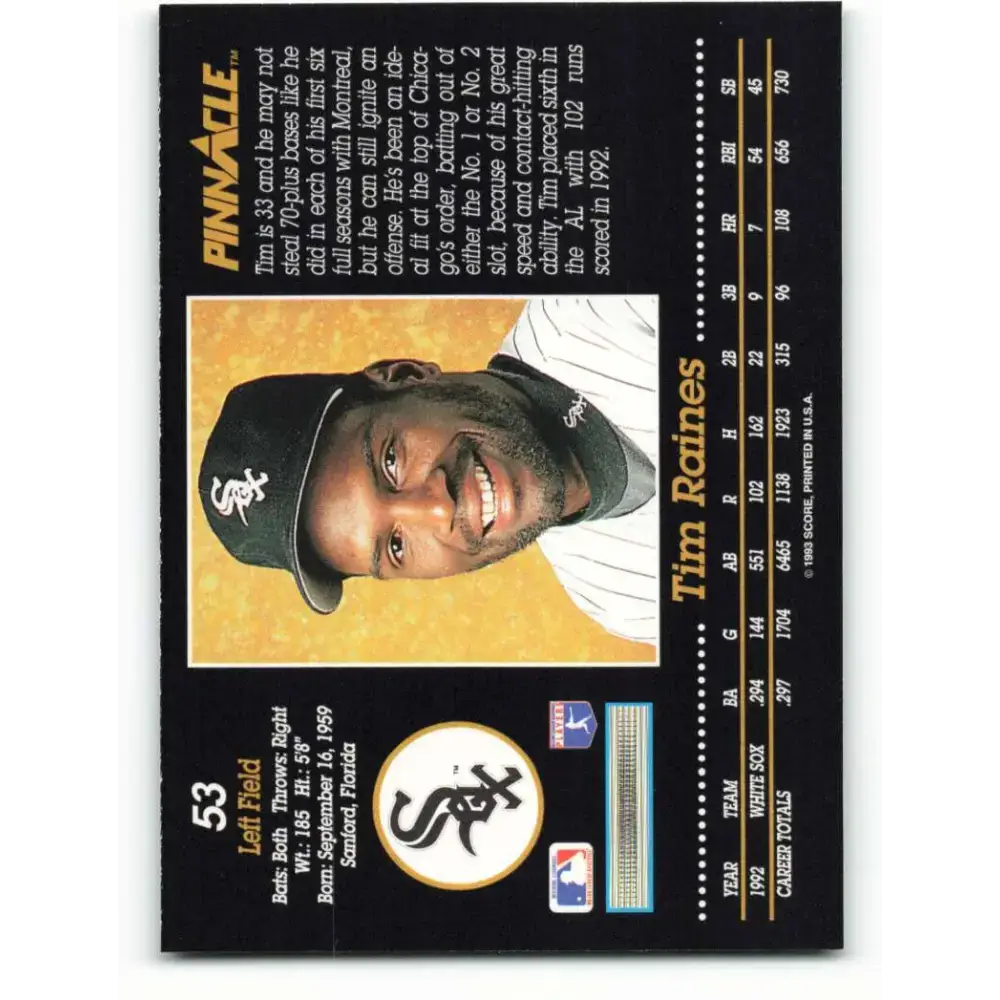 1993 Pinnacle #53 Tim Raines NM-MT Chicago White Sox Baseball Card - Baseball Card Single