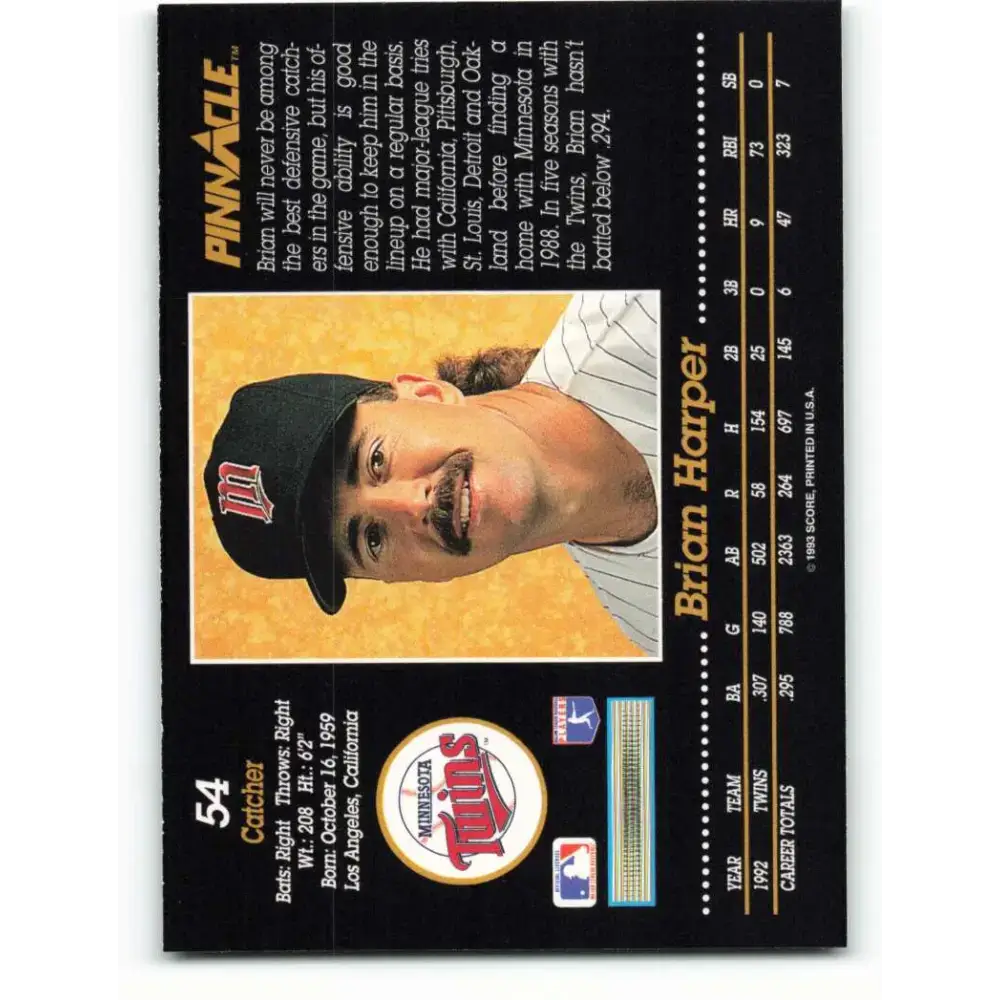 1993 Pinnacle #54 Brian Harper NM-MT Minnesota Twins Baseball Card - Baseball Card Single