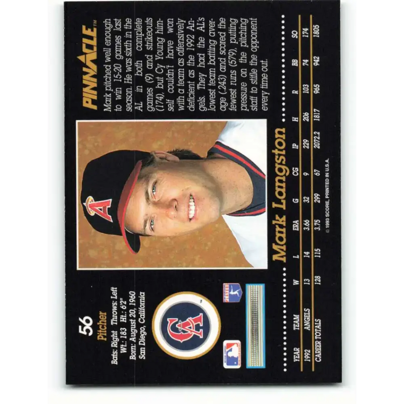 1993 Pinnacle #56 Mark Langston NM-MT California Angels Baseball Card - Baseball Card Single