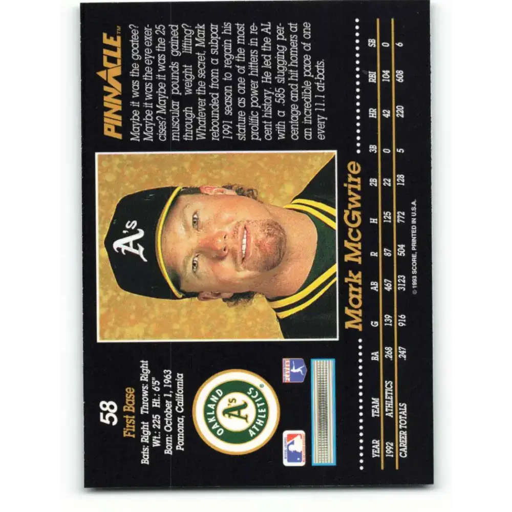 1993 Pinnacle #58 Mark McGwire NM-MT Oakland Athletics Baseball Card - Baseball Card Single