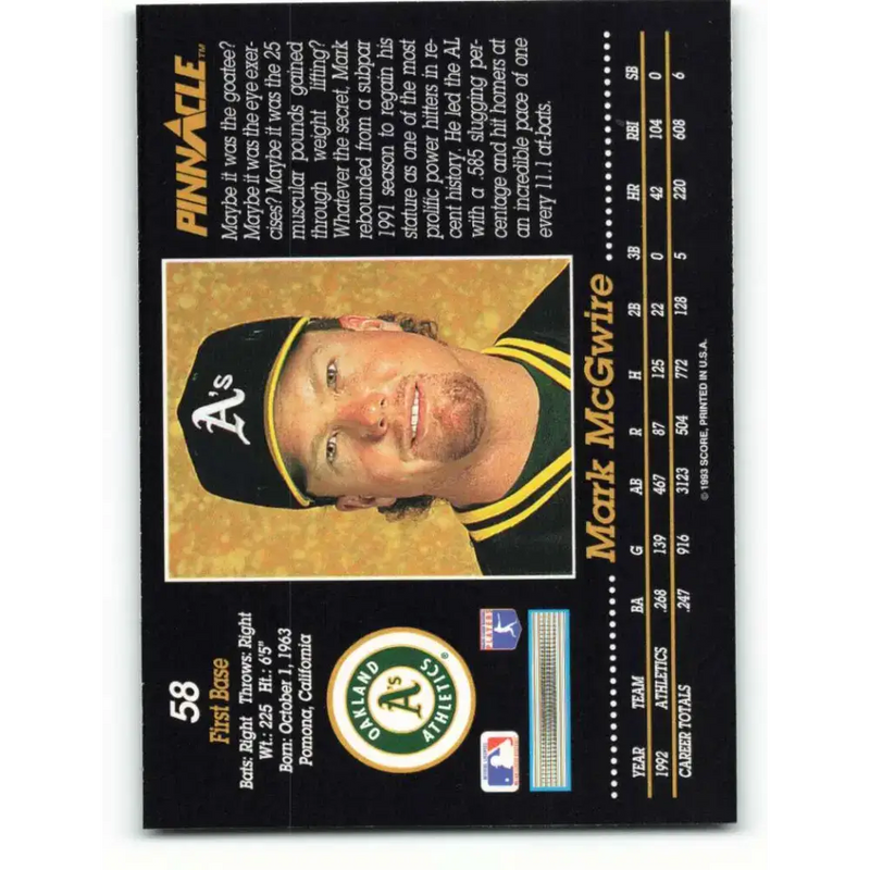 1993 Pinnacle #58 Mark McGwire NM-MT Oakland Athletics Baseball Card - Baseball Card Single