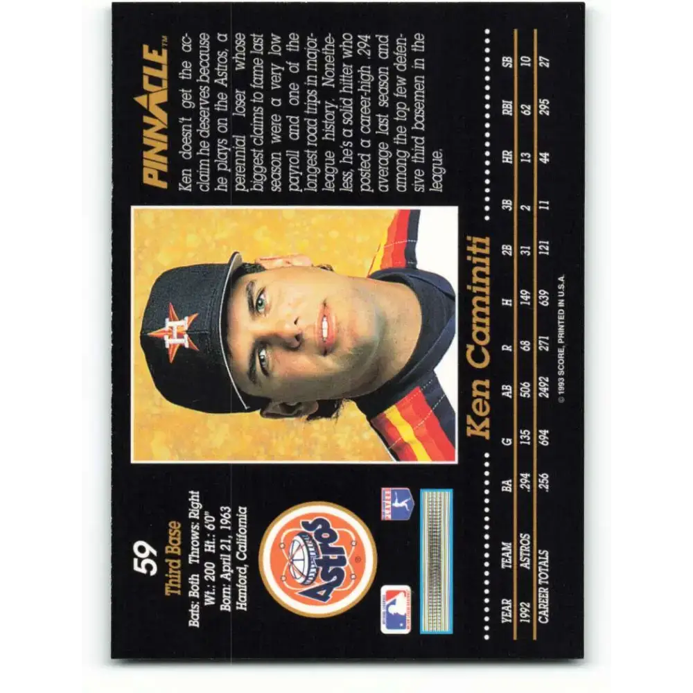 1993 Pinnacle #59 Ken Caminiti NM-MT Houston Astros Baseball Card - Baseball Card Single
