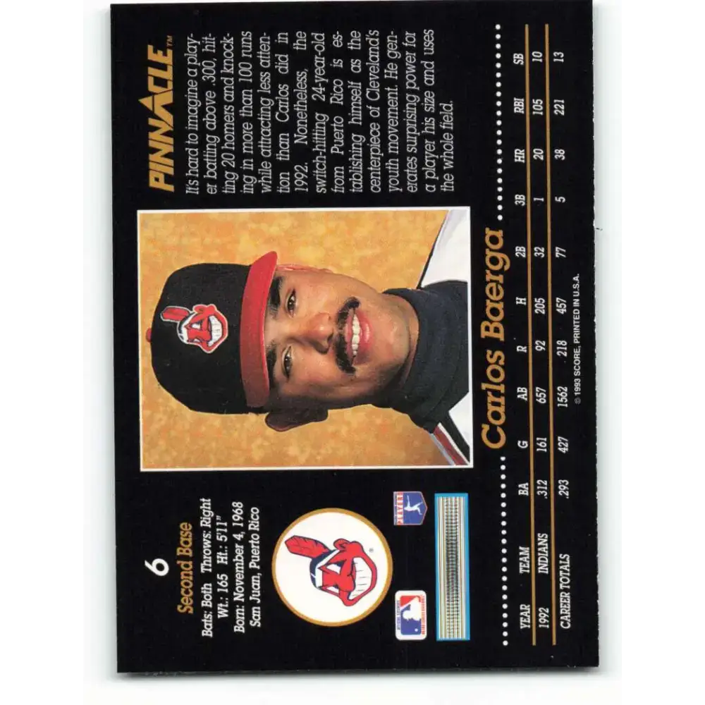 1993 Pinnacle #6 Carlos Baerga NM-MT Cleveland Indians Baseball Card - Baseball Card Single