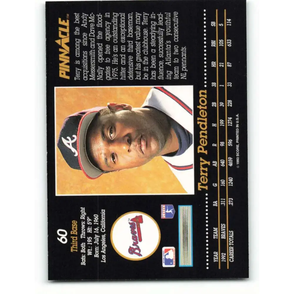 1993 Pinnacle #60 Terry Pendleton NM-MT Atlanta Braves Baseball Card - Baseball Card Single