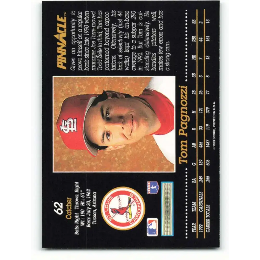 1993 Pinnacle #62 Tom Pagnozzi NM-MT St. Louis Cardinals Baseball Card - Baseball Card Single