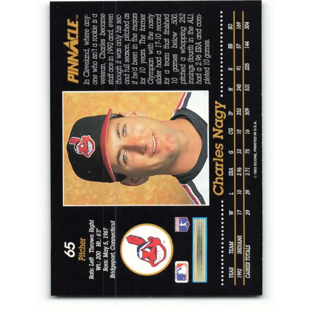1993 Pinnacle #65 Charles Nagy NM-MT Cleveland Indians Baseball Card - Baseball Card Single