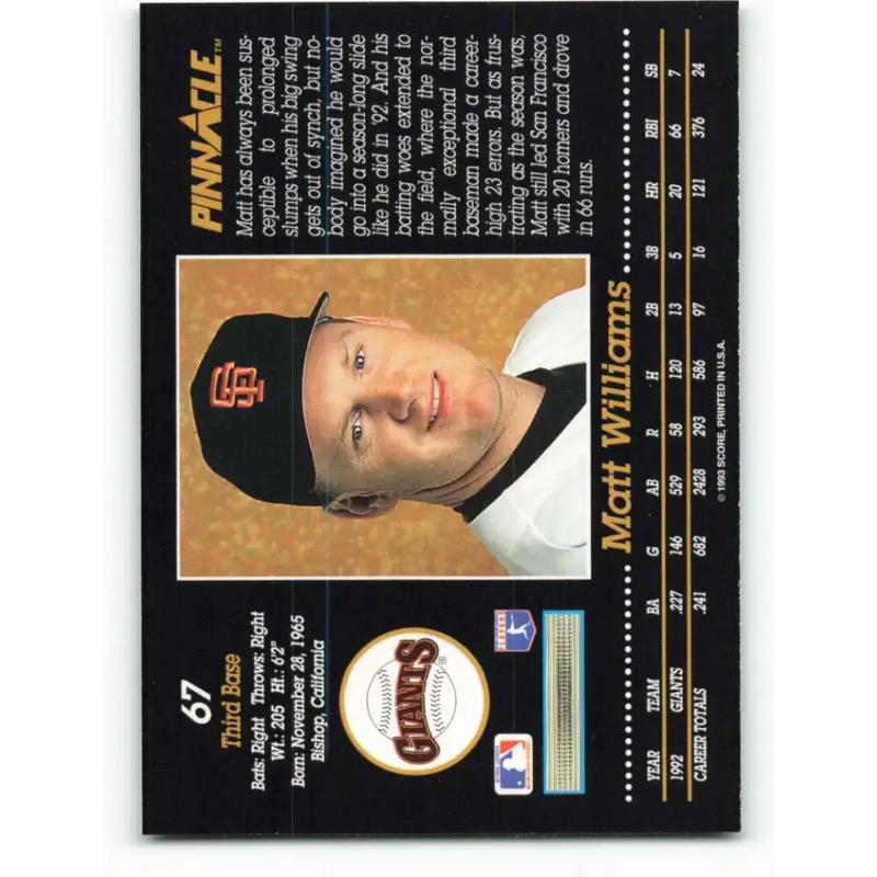 1993 Pinnacle #67 Matt Williams NM-MT San Francisco Giants Baseball Card - Baseball Card Single