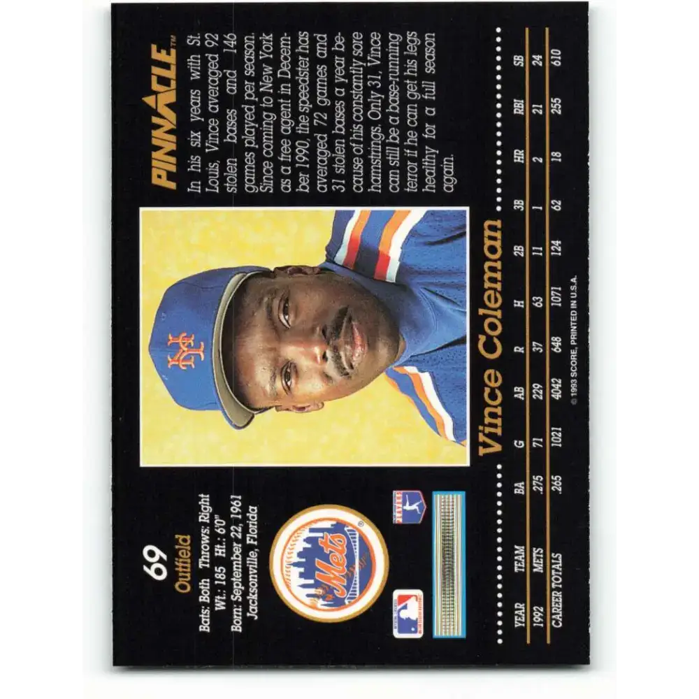 1993 Pinnacle #69 Vince Coleman NM-MT New York Mets Baseball Card - Baseball Card Single