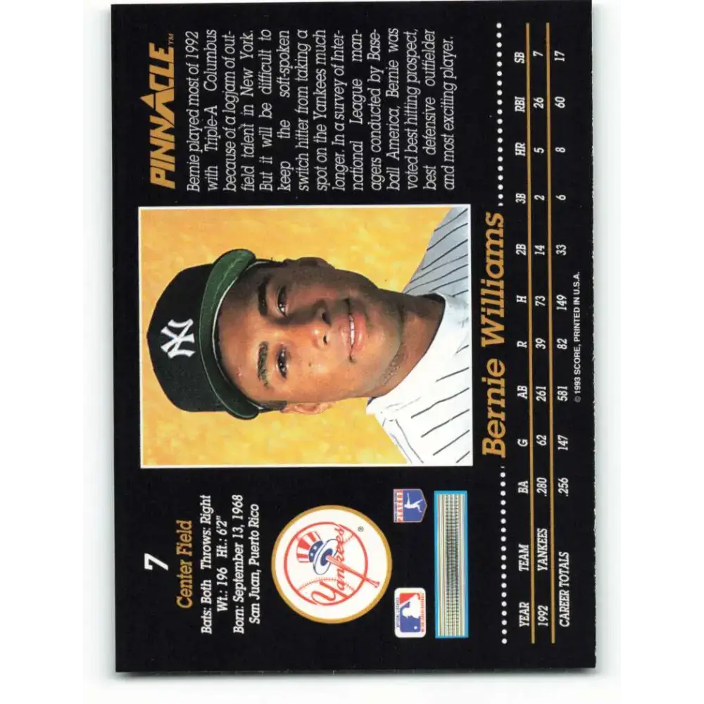 1993 Pinnacle #7 Bernie Williams NM-MT New York Yankees Baseball Card - Baseball Card Single