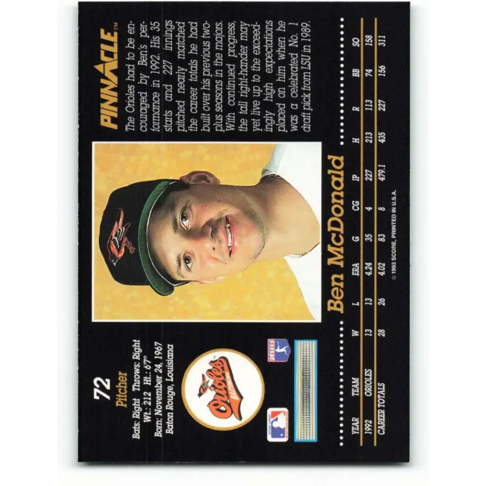 1993 Pinnacle #72 Ben McDonald NM-MT Baltimore Orioles Baseball Card - Baseball Card Single