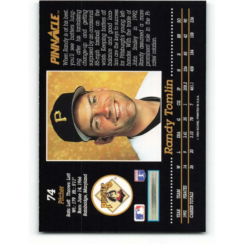 1993 Pinnacle #74 Randy Tomlin NM-MT Pittsburgh Pirates Baseball Card - Baseball Card Single