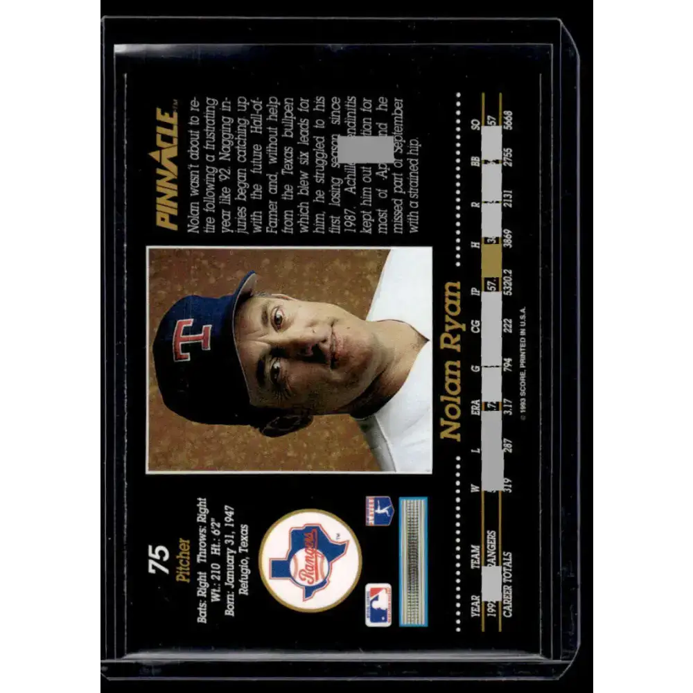1993 Pinnacle #75 Nolan Ryan Texas Rangers NM-MT Baseball Card - Baseball Card Single