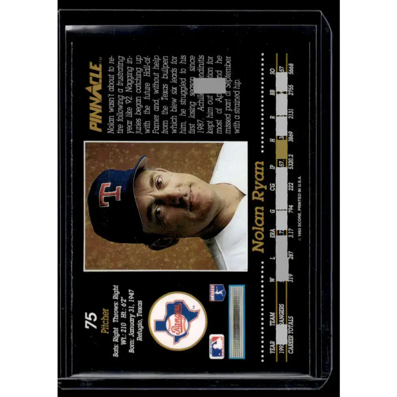 1993 Pinnacle #75 Nolan Ryan Texas Rangers NM-MT Baseball Card - Baseball Card Single