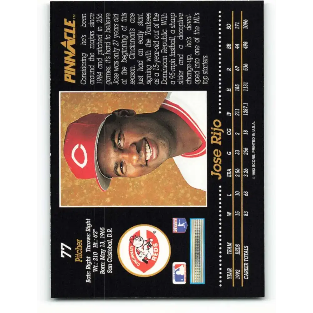1993 Pinnacle #77 Jose Rijo NM-MT Cincinnati Reds Baseball Card - Baseball Card Single