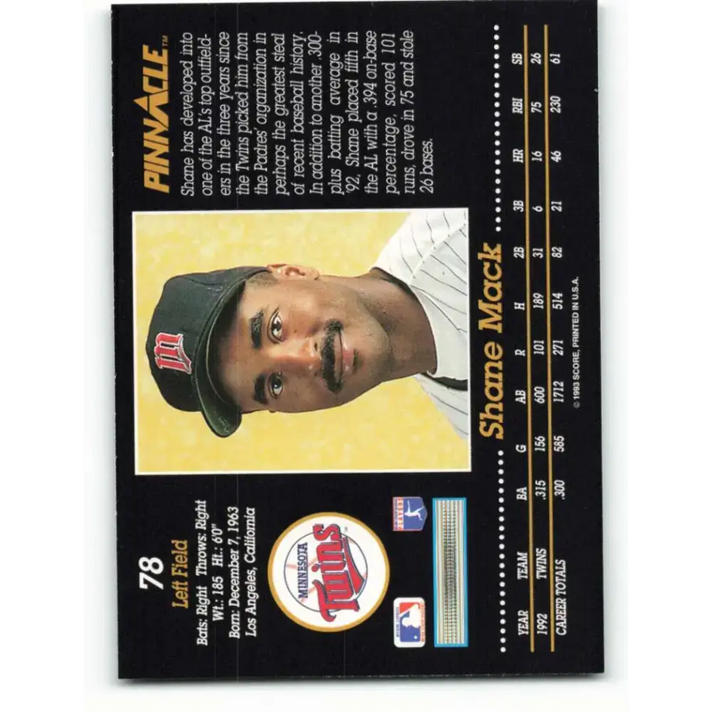 1993 Pinnacle #78 Shane Mack NM-MT Minnesota Twins Baseball Card - Baseball Card Single