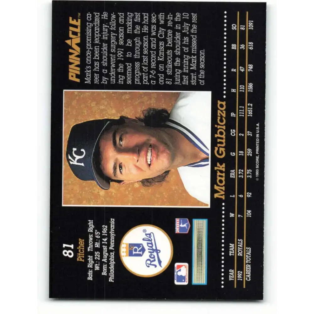 1993 Pinnacle #81 Mark Gubicza NM-MT Kansas City Royals Baseball Card - Baseball Card Single