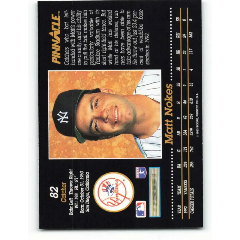 1993 Pinnacle #82 Matt Nokes NM-MT New York Yankees Baseball Card - Baseball Card Single