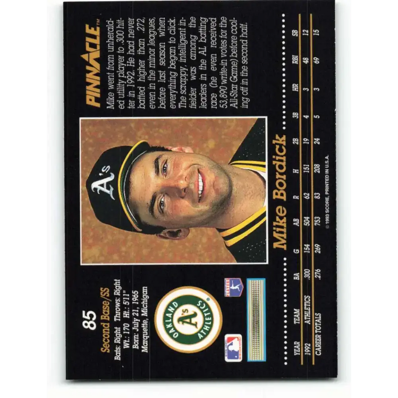 1993 Pinnacle #85 Mike Bordick NM-MT Oakland Athletics Baseball Card - Baseball Card Single