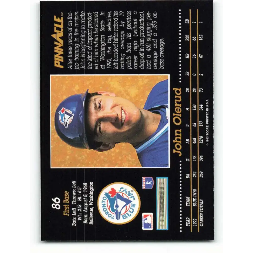 1993 Pinnacle #86 John Olerud NM-MT Toronto Blue Jays Baseball Card - Baseball Card Single