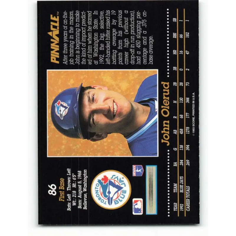 1993 Pinnacle #86 John Olerud NM-MT Toronto Blue Jays Baseball Card - Baseball Card Single