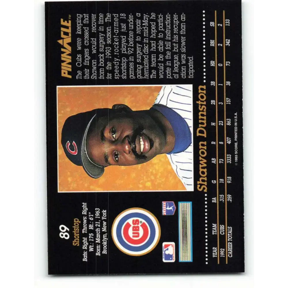 1993 Pinnacle #89 Shawon Dunston NM-MT Chicago Cubs Baseball Card - Baseball Card Single